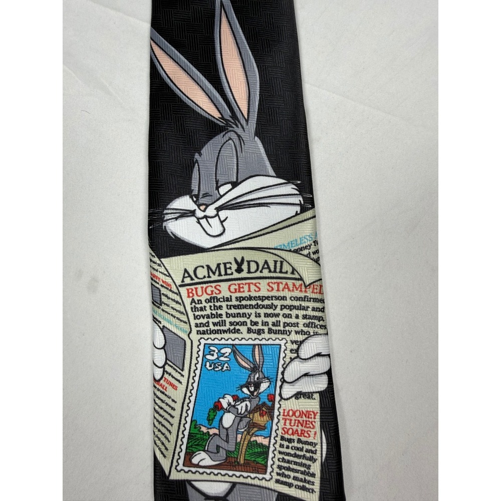 Vintage 1997 Looney Tunes Bugs Bunny Stamp Collection Tie Black Newspaper 90s